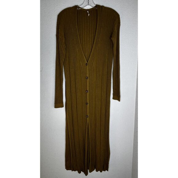 Free People Cardigan Sweater Womens M Skylight Olive Ribbed Duster Button Front - Picture 1 of 10